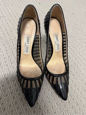 Jimmy Choo Black Patent and Sheer Striped Pointed-Toe Pumps